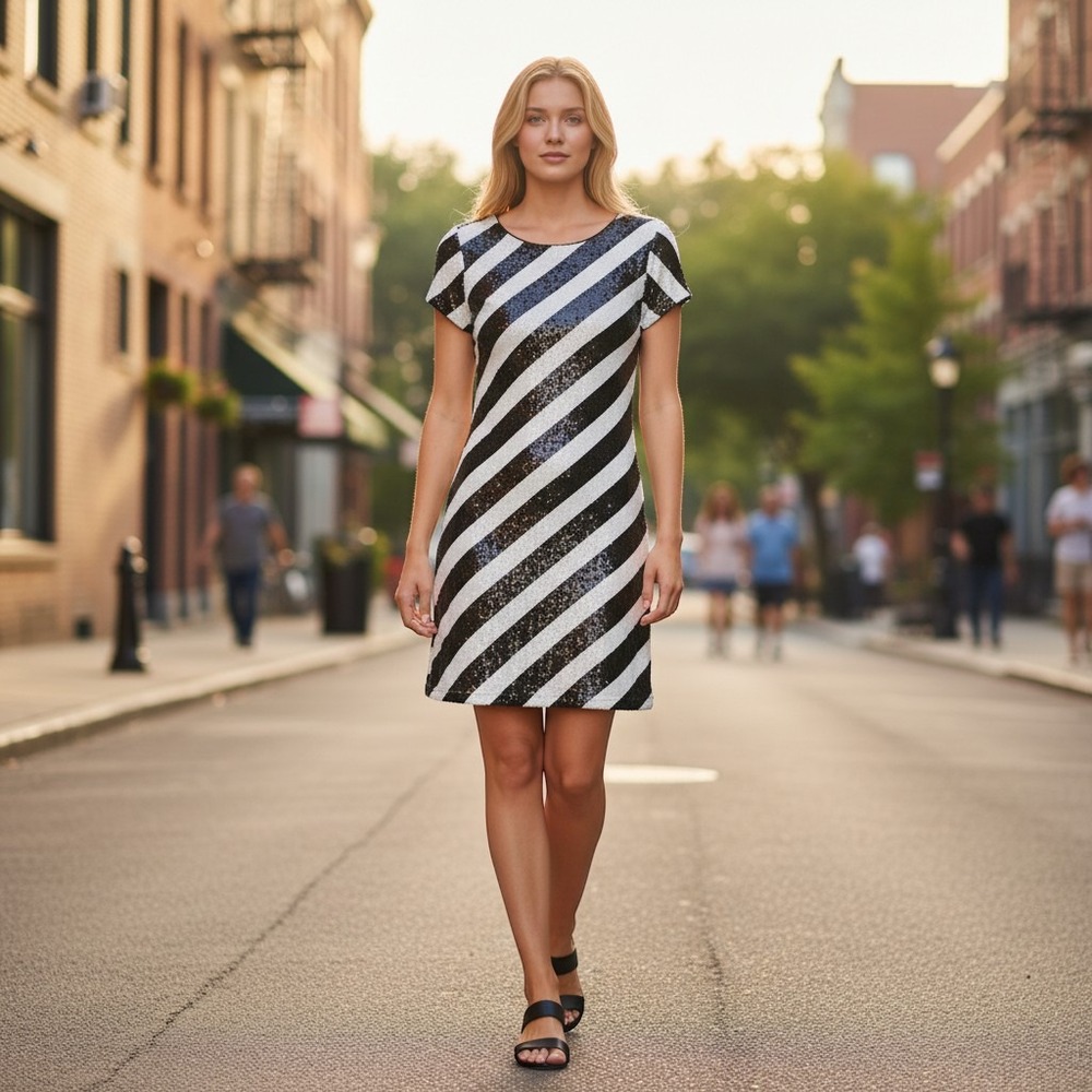 White House Black Market Sequin Dress Womens Small Black White Striped Short Slv